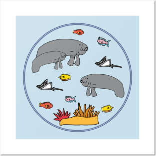 Manatee with colorful fish in circle Posters and Art
